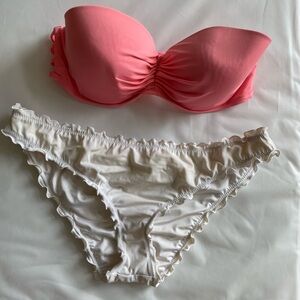 Pink Strapless Bikini Top with White Ruffle Bikini Bottom